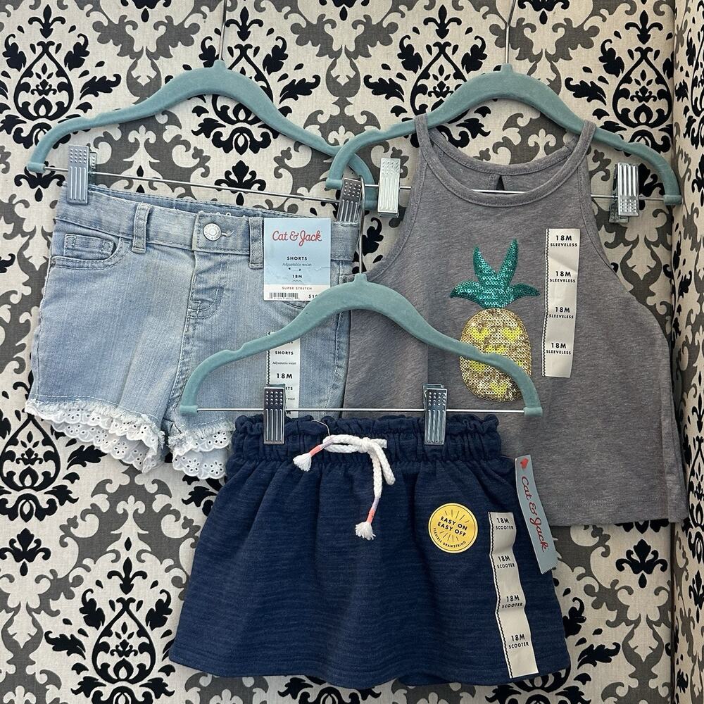 Cat & Jack Girls 18M Summer 3pc Set, Tank Top, Eyelet Lace Short, Scooter Skit‎